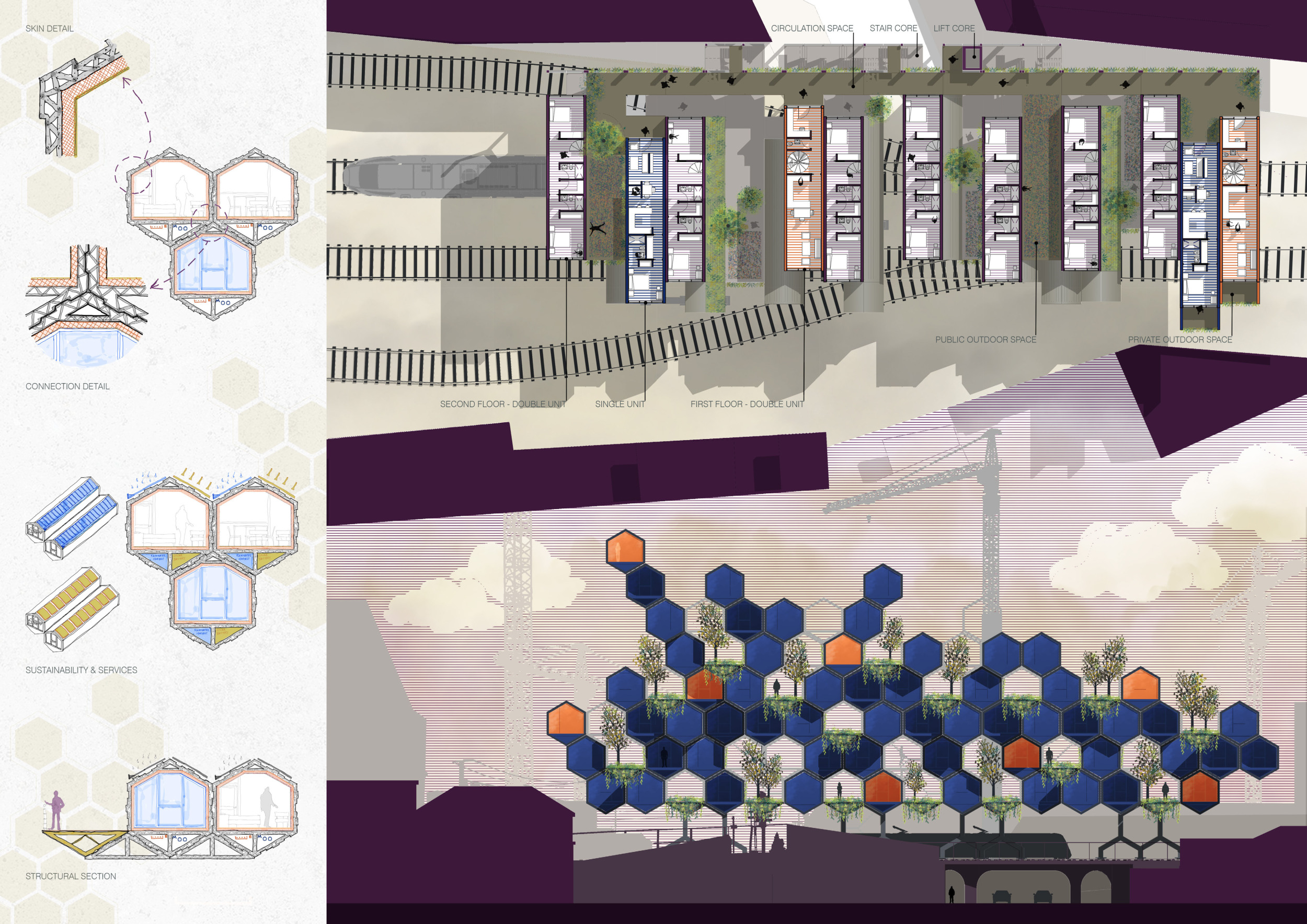 Architecture project // Hexagonal Modules over Railway Lines with ...