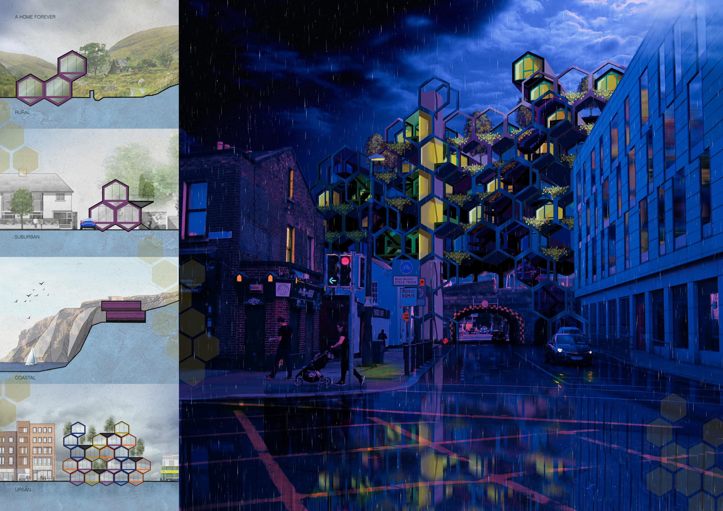 Architecture project // Hexagonal Modules over Railway Lines with ...