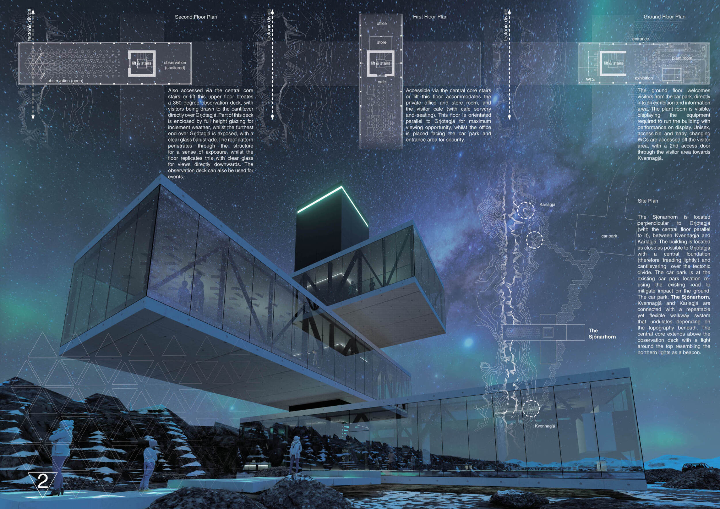 Architecture project // Cantilevered Observation Core Overlooking Tectonic Landscapes in Black ...