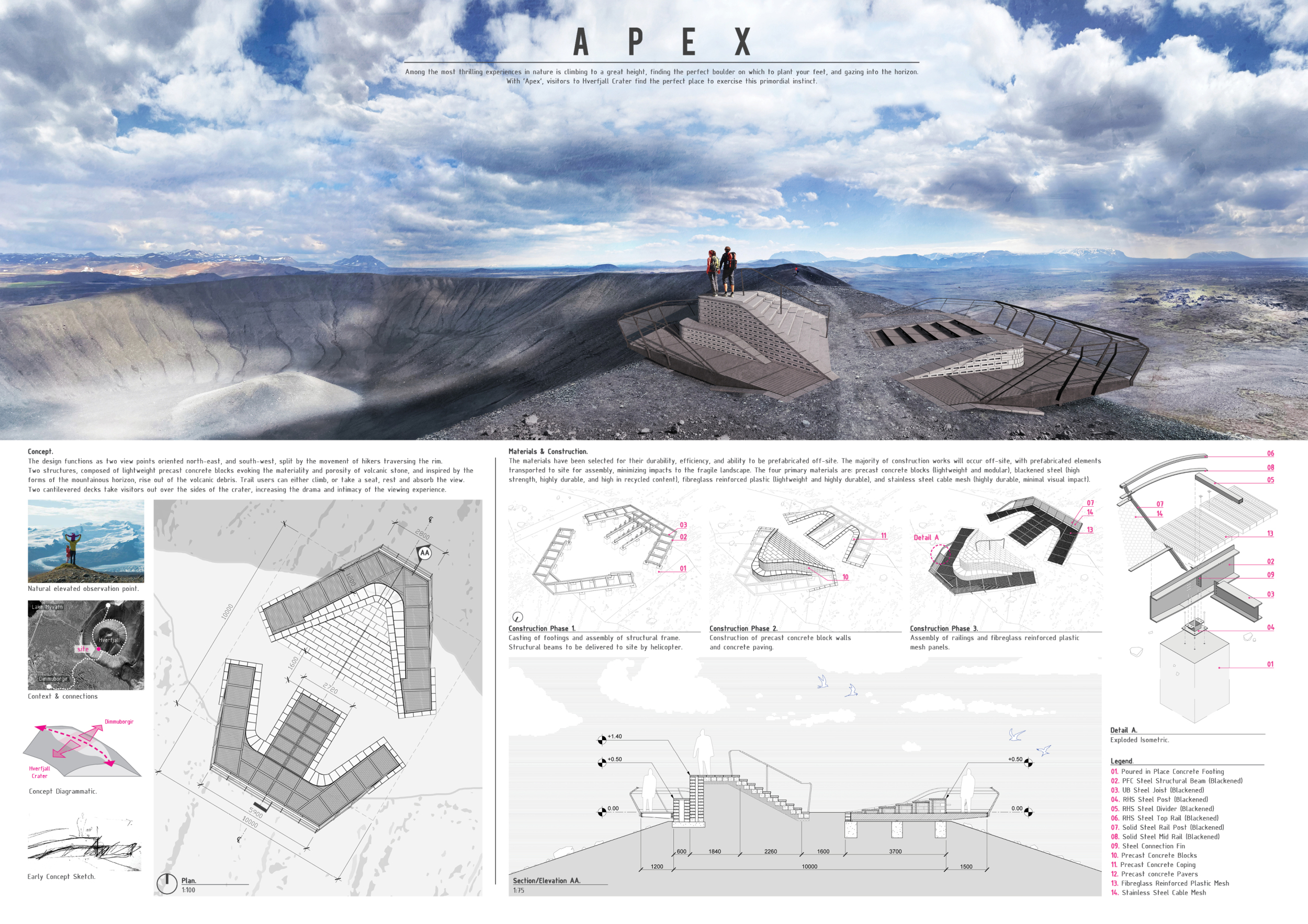Architecture project // Cantilevered Steel Decks over Volcanic Crater ...