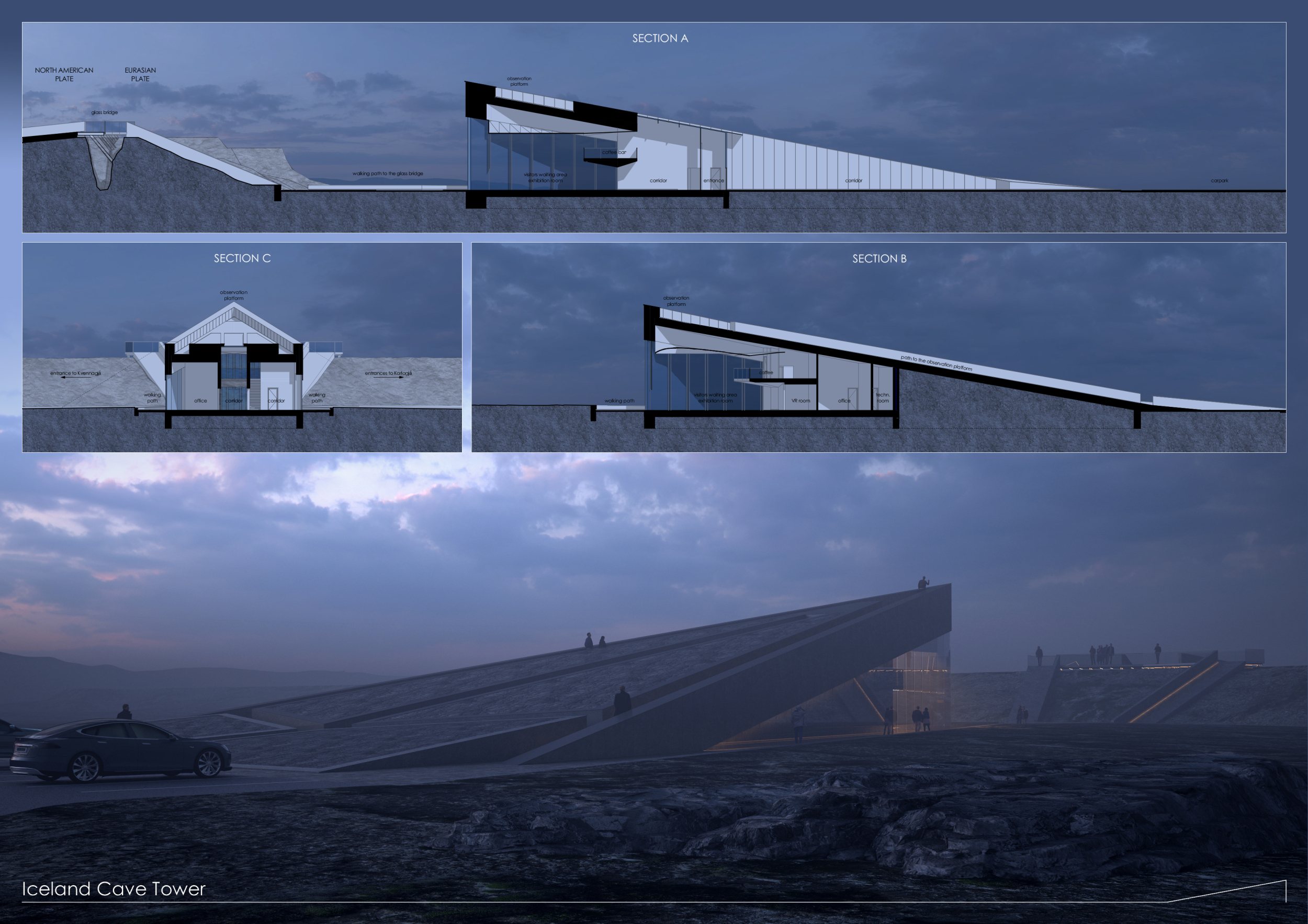 Architecture project // Tetrahedral Viewpoint with Sintered Stone and Structural Glazing over ...