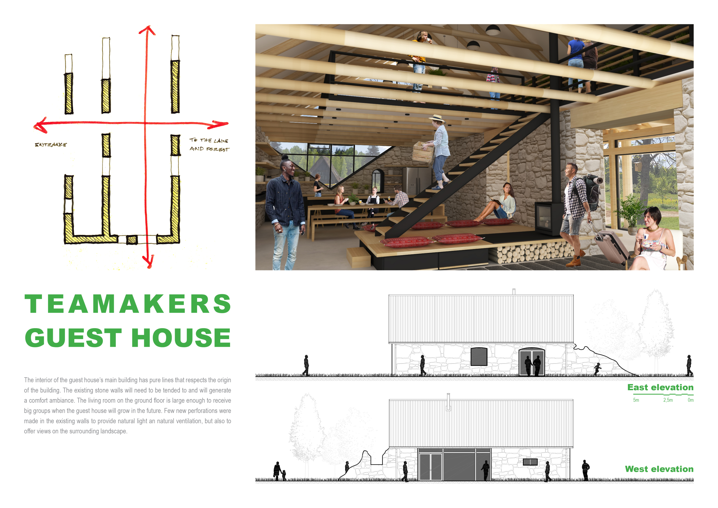 Architecture project // Stone Barn Integration with Wooden Cabins and ...